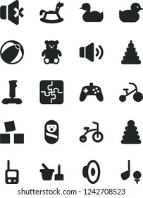 Solid Black Vector Icon Set - loudspeaker vector, rubber duck, baby duckling, bath ball, stacking rings, toy, roly poly doll, phone, sand set, small teddy bear, rocking horse, cubes for children
