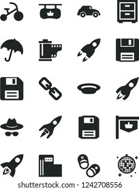 Solid Black Vector Icon Set - floppy disk vector, spectacles, hat with glasses, camera roll, bedside table, tricycle, child shoes, umbrella, plate, modern gas station, retro car, vintage sign