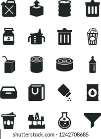 Solid Black Vector Icon Set - bin vector, measuring cup for feeding, bottle, baby powder, packing of juice with a straw, dust, drawer, bag handles, unpacking, canned goods, tin, popcorn, coffe to go