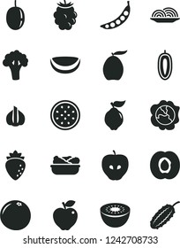 Solid Black Vector Icon Set - onion vector, lettuce in a plate, half apricot, squash, quince, red apple, tasty, raspberry, blackberry, loquat, passion fruit, sweet date, kiwi, of, piece coconut