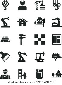 Solid Black Vector Icon Set - house vector, tower crane, builder, hook, winch, concrete mixer, window, tile, helmet, putty knife, paving slab, working oil derrick, factory, pipes, robot welder