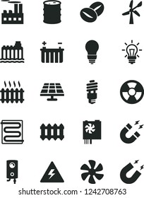 Solid Black Vector Icon Set - danger of electricity vector, bulb, heating coil, new radiator, boiler, coffee beans, marine propeller, solar panel, wind energy, barrel, battery, hydroelectricity