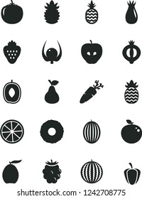 Solid Black Vector Icon Set - carrot vector, strawberry, a pineapple, pear, tasty apple, rose hip, half of medlar, blackberry, melon, water, loquat, delicious plum, slice lemon, ripe, physalis