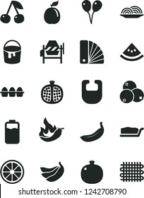 Solid Black Vector Icon Set - bib vector, colored air balloons, concrete mixer, paint bucket, color samples, bundle of eggs, onion, cake slice, cherry, pomegranate, half, blueberries, juicy lemon