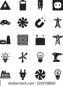Solid Black Vector Icon Set - danger of electricity vector, drill, power socket type f, electronic boiler, charge level, wind energy, accumulator, bulb, hydroelectric station, line, pole, transport