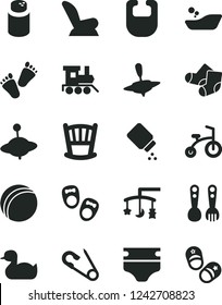 Solid Black Vector Icon Set - cradle vector, toys over the, diaper, powder, baby, bib, car child seat, open pin, rubber duck, bath ball, children's bathroom, Knitted Socks, plastic fork spoons, yule