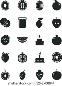 Solid Black Vector Icon Set - cake vector, birthday, jam, strawberry, strawberries, biscuit, pomegranate, half, quince, tasty apple, mulberry, melon, delicious plum, water slice, cherry, of kiwi