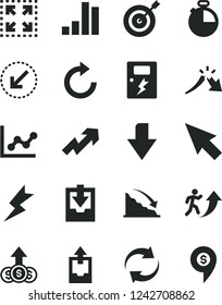 Solid Black Vector Icon Set - downward direction vector, growth up, renewal, clockwise, graph, upload archive data, download, lightning, dangers, left bottom arrow, timer, size, bar chart, recession
