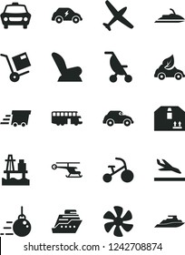 Solid Black Vector Icon Set - car child seat vector, summer stroller, tricycle, big core, cardboard box, shipment, sea port, marine propeller, eco, electric transport, retro, urgent cargo, plane