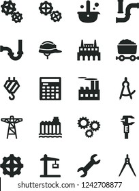 Solid Black Vector Icon Set - hook vector, gears, sewerage, helmet, water pipes, hydroelectricity, power pole, industrial building, factory, gear, Construction crane, caliper, metallurgy, three