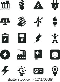 Solid Black Vector Icon Set - lightning vector, danger of electricity, saving light bulb, power socket type b, dangers, charging battery, solar panel, wind energy, hydroelectricity, line, plug, sun