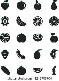 Solid Black Vector Icon Set - cucumber vector, strawberry, apple, peach, pomegranate, red, slice of melon, half mango, loquat, water, tangerine, juicy lemon, orange, grapefruit, ripe guava, stub