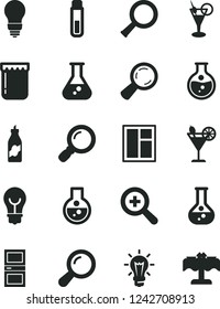 Solid Black Vector Icon Set - zoom vector, window, bulb, interroom door, cocktail, jam, liquor, round flask, magnifier, test tube, restaurant