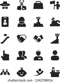Solid Black Vector Icon Set - women vector, hat with glasses, funny hairdo, workman, index finger, racer, man, hand shake, handclasp, bag, conversation, scientist, winner podium, stairway, hold flag