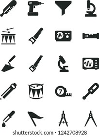 Solid Black Vector Icon Set - graphite pencil vector, wind direction indicator, electronic thermometer e, mercury, drumroll, drum, trowel, cordless drill, hand saw, arm, long meashuring tape, filter