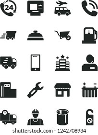 Solid Black Vector Icon Set - builder vector, building trolley, smartphone, delivery, 24, gas station, modern, battery, pipes, steel repair key, kiosk, dispatcher, phone call, urgent cargo, Express