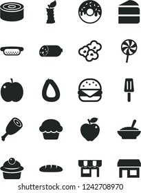 Solid Black Vector Icon Set - kiosk vector, sausage, stick of, loaf, canned goods, mini hot dog, big burger, cake, muffin, piece, glazed with a hole, bowl buckwheat porridge, chicken thigh, lollipop