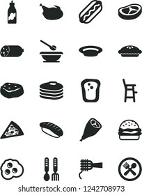 Solid Black Vector Icon Set - plates and spoons vector, a chair for feeding child, iron fork, sausage, piece of pizza, Hot Dog, burger, noodles, pie, plate, chicken, grill leg, bacon, meat, omelette