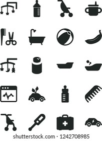 Solid Black Vector Icon Set - toys over the cradle vector, cot, mug for feeding, bottle, measuring, powder, summer stroller, sitting, electronic thermometer e, baby bath ball, children's bathroom