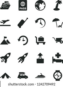 Solid Black Vector Icon Set - building trolley vector, passport, history, rocket, mountain flag, earth, car baggage, rolling case, departure, tent, arnchair under umbrella, palm tree, hospital bed