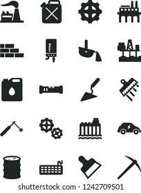Solid Black Vector Icon Set - brick wall vector, gears, building trowel, construction level, putty knife, spatula, electronic boiler, commercial seaport, factory, barrel, hydroelectricity, gear