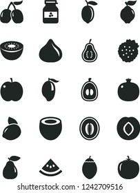 Solid Black Vector Icon Set - jar of jam vector, strawberries, apple, pomegranate, quince, pear, plum, fig, tasty cornels, mango, half melon, loquat, lemon, yellow, kiwi, tamarillo, coconut