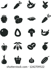 Solid Black Vector Icon Set - stick of sausage vector, slices onion, cabbage, chili, peper, carrot, coffee beans, quince, blackberry, goji berry, ripe pepper, red, hot, garlic, potato, beet