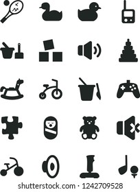 Solid Black Vector Icon Set - loudspeaker vector, rubber duck, baby duckling, stacking toy, roly poly doll, phone, sand set, children's, small teddy bear, rocking horse, cubes for children, tricycle