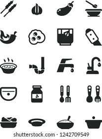Solid Black Vector Icon Set - plates and spoons vector, plastic fork, iron, sink, siphon, knife, faucet mixer, kitchen, a bowl of rice porridge, in saucepan, lettuce plate, barbecue, chili, omelette