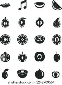 Solid Black Vector Icon Set - music vector, slices of onion, orange slice, half apricot, pomegranate, medlar, mango, melon, tangerine, loquat, cherry, passion fruit, kiwi, sour lime, guawa, tomato
