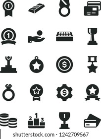 Solid Black Vector Icon Set - brick vector, cards, pedestal, coins, catch a coin, winner podium, award, gold cup, star medal, with pennant, ribbon, hero, diamond ring, bar, dollar, gear, credit card
