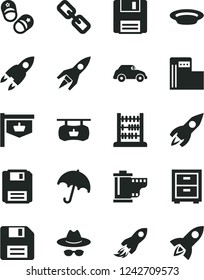 Solid Black Vector Icon Set - floppy disk vector, spectacles, hat with glasses, camera roll, bedside table, child shoes, abacus, umbrella, plate, modern gas station, retro car, vintage sign, rocket