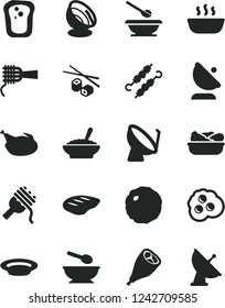Solid Black Vector Icon Set - deep plate with a spoon vector, plates and spoons, spaghetti, noodles, bowl of buckwheat porridge, hot, lettuce in, chicken, grill leg, chop, meat on skewers, cabbage