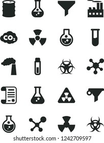 Solid Black Vector Icon Set - round flask vector, manufacture, barrel, industrial building, radiation, carbon dyoxide, filter, water, research article, test tube, molecule, nuclear, biohazard