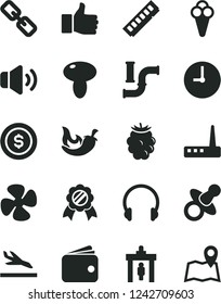 Solid Black Vector Icon Set - spectacles vector, dummy, wall clock, headphones, volume, mushroom, chili, cone, blackberry, fan screw, water pipes, wallet, memory, router, finger up, medal, arrival
