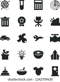 Solid Black Vector Icon Set - bin vector, t short, birthday cake, a bowl of rice porridge, kiwi, valve, retro car, light bulb, cashbox, chair, test tube, satellite, calculator, radar, growth arrows