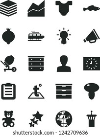 Solid Black Vector Icon Set - woman vector, horn, line chart, storage unit, chest of drawers, Child T shirt, teddy bear, concrete mixer, temperature, pile, mushroom, small fish, medlar, planet, bulb