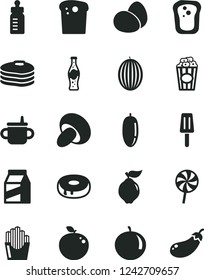 Solid Black Vector Icon Set - mug for feeding vector, bottle, package, eggs, Easter cake, porcini, with a hole, lollipop, fried potato slices, cup of popcorn, soda, popsicle, pancakes, sandwich