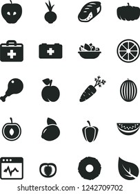Solid Black Vector Icon Set - first aid kit vector, bag of a paramedic, cardiogram, plate fruit, chicken leg, beet, sushi, peach, tasty apple, melon, water slice, half cherry, yellow lemon, juicy