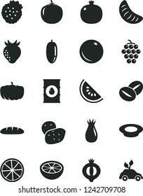 Solid Black Vector Icon Set - loaf vector, a plate of milk, coffee beans, strawberries, orange, pomegranate, large grape, strawberry, rose hip, half medlar, slice water melon, date fruit, tangerine