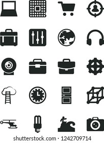 Solid Black Vector Icon Set - clock face vector, portfolio, interroom door, case, regulator, suitcase, lens, planet, gear, mercury light bulb, processor, shopping cart, man in sight, notebook pc
