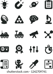 Solid Black Vector Icon Set - research article vector, microscope, telescope, molecule, nuclear, bulb, brain, settings, pipette, oscilloscope, magnet, clipboard, medal, robot, satellite antenna