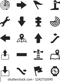 Solid Black Vector Icon Set - upward direction vector, downward, right, left, wind indicator, minus, map, flag, move up, down, lighthouse, coastal, repair, radar, escalator, signpost, compass