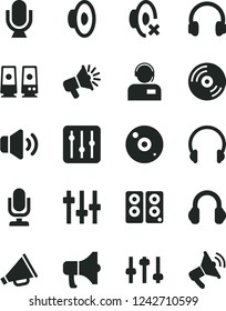 Solid Black Vector Icon Set - desktop microphone vector, horn, loudspeaker, silent mode, headphones, CD, regulator, volume, operator, megaphone, pc speaker, settings