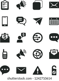 Solid Black Vector Icon Set - warning vector, envelope, received letter, speech, smartphone, survey, copy, loudspeaker, wall calendar, mobile phone, network, dialog, paper plane, money mail
