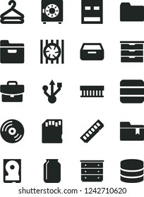 Solid Black Vector Icon Set - folder vector, bookmark, storage unit, chest of drawers, CD, suitcase, drawer, strongbox, hanger, jar, radiator fan, memory, hdd, usb, sd card, big data