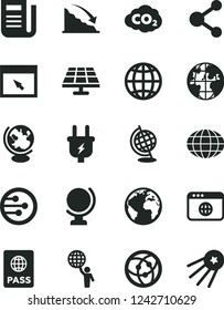 Solid Black Vector Icon Set - sign of the planet vector, globe, earth, passport, solar panel, plug, carbon dyoxide, connection, recession, newspaper, network, browser, man hold world