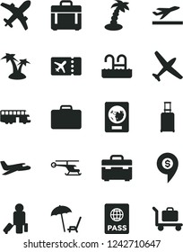 Solid Black Vector Icon Set - suitcase vector, case, passport, helicopter, dollar pin, plane, bus, passenger, rolling, ticket, departure, arnchair under umbrella, palm tree, pool, baggage