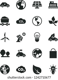 Solid Black Vector Icon Set - sign of the planet vector, paper bag, solar panel, big, leaves, leaf, windmill, Earth, bulb, hydroelectric station, trees, eco car, electric, transport, CO2