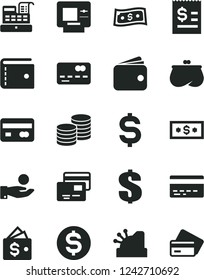 Solid Black Vector Icon Set - bank card vector, purse, dollar, cards, coins, reverse side of a, front the, denomination, article on, catch coin, wallet, cash machine, cashbox, atm, credit